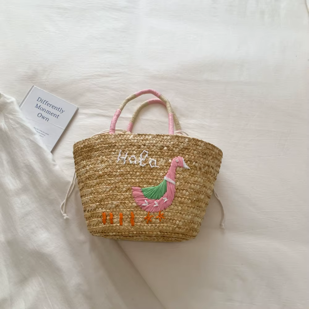 Grand sac de plage d'été en paille brodée motif cocotier, sac fourre-tout simple en herbe tressée av