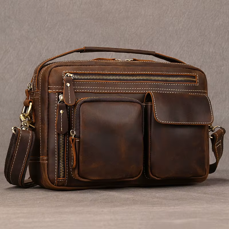 Grand sac à bandoulière en cuir véritable pour hommes