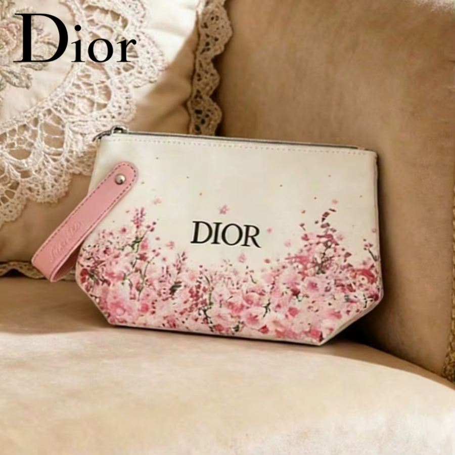 Sac à cosmétiques Dior élégant avec imprimé fleurs de cerisier blancs et rose