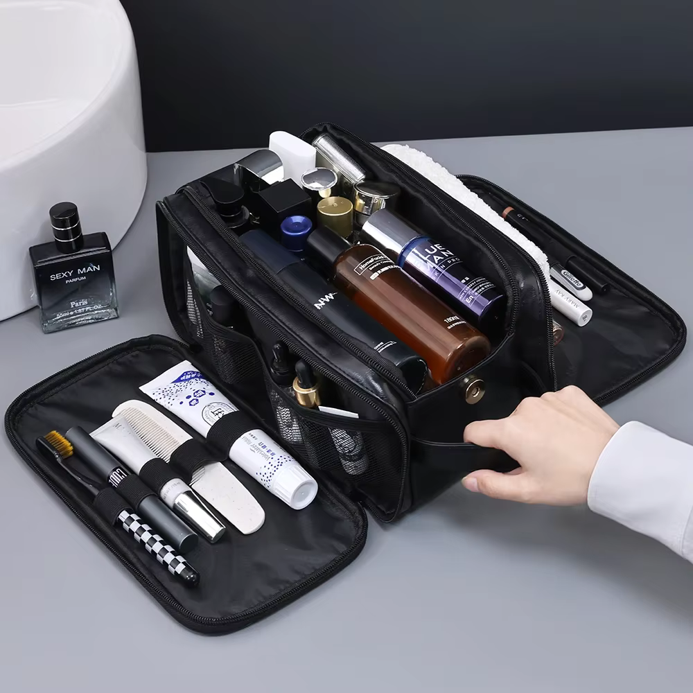 Trousse de toilette de voyage en PU multi-poches pour femmes et hommes