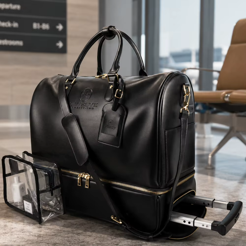 Sac de voyage à roulettes en cuir véritable noir de 19 pouces