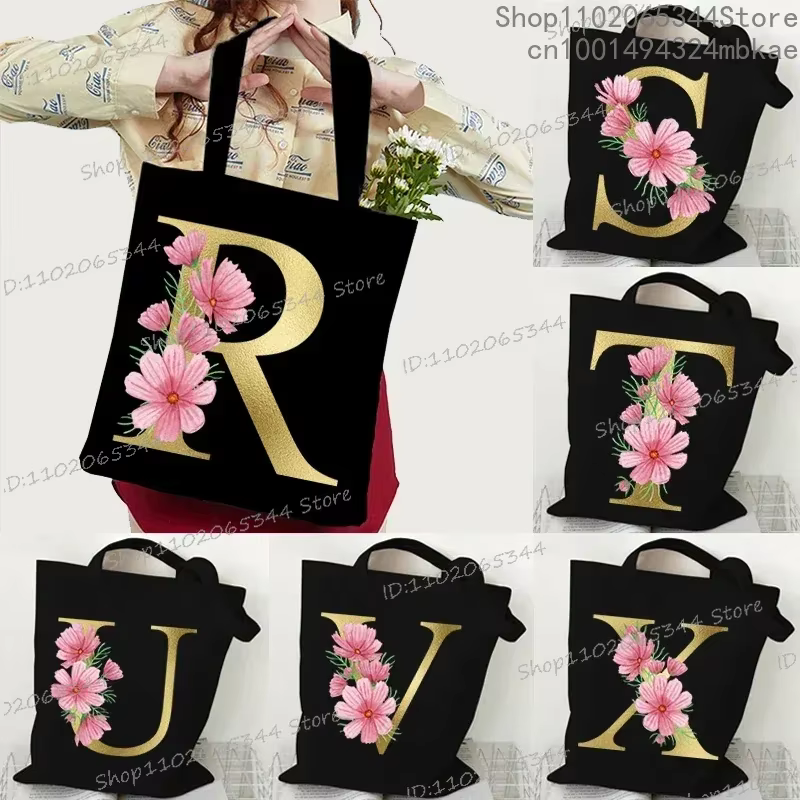 26 sacs fourre-tout floraux Alphabet doré pour femmes grande capacité toile décontracté nouvelle fleur