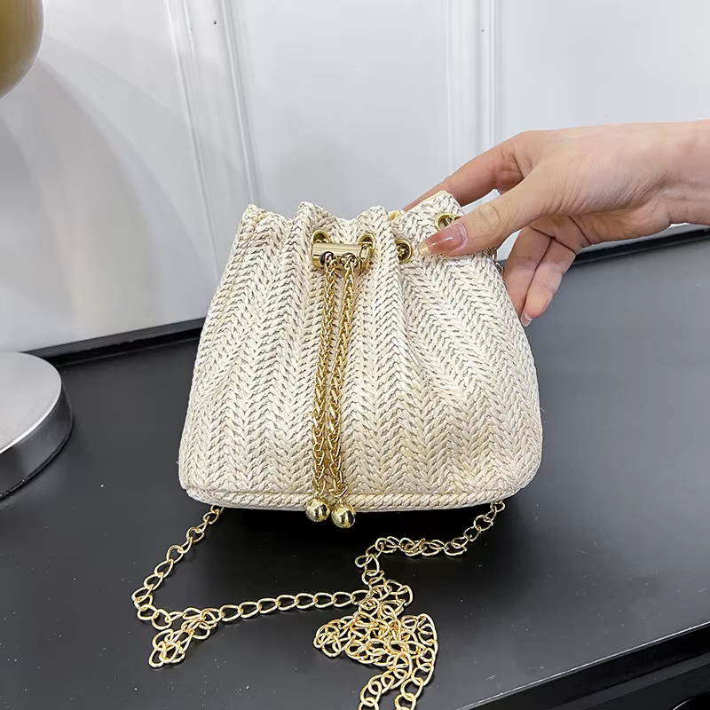 JOinitied-Sac messager beige en paille tressée pour femme