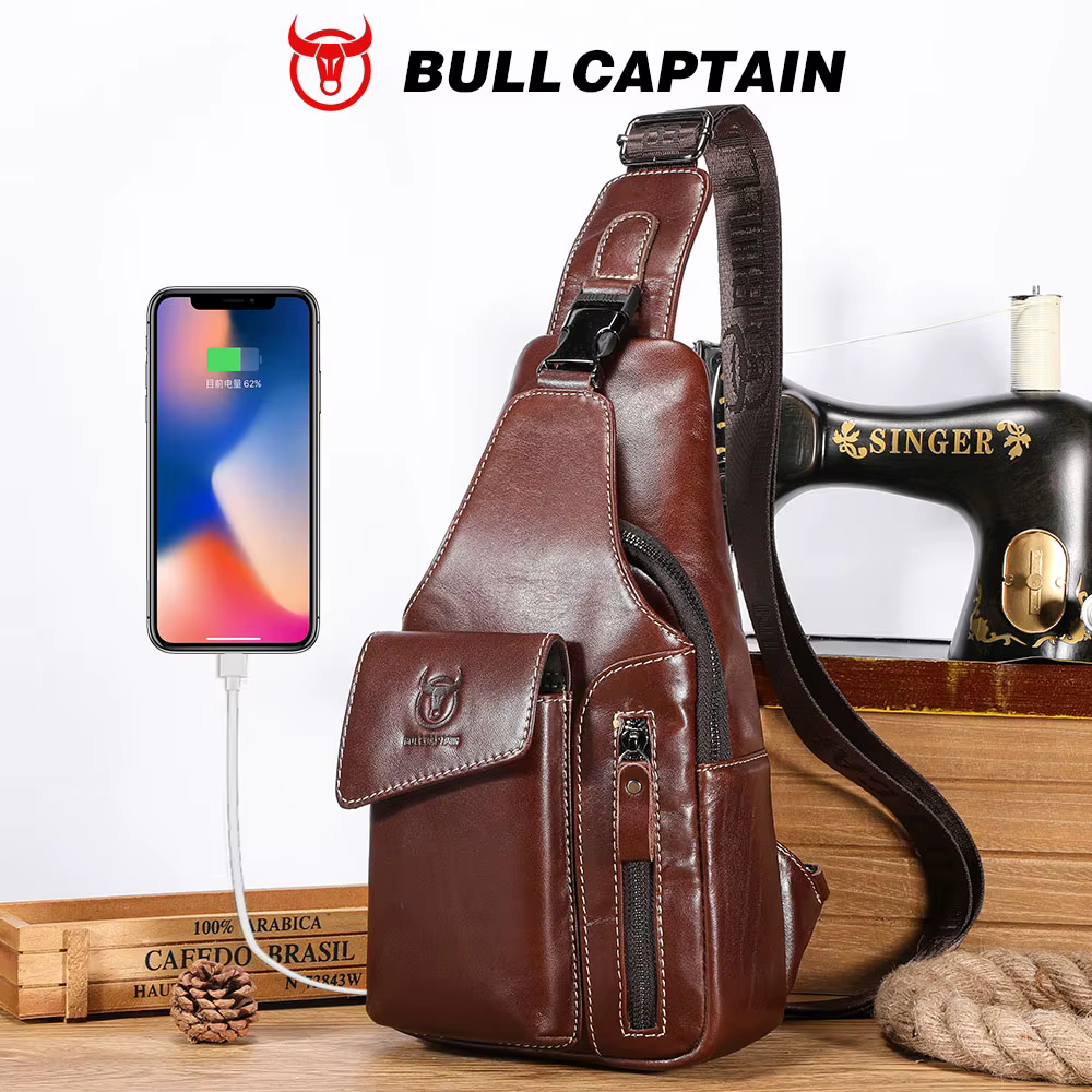 Sac à dos bandoulière en cuir véritable BULLCAPTAIN pour homme